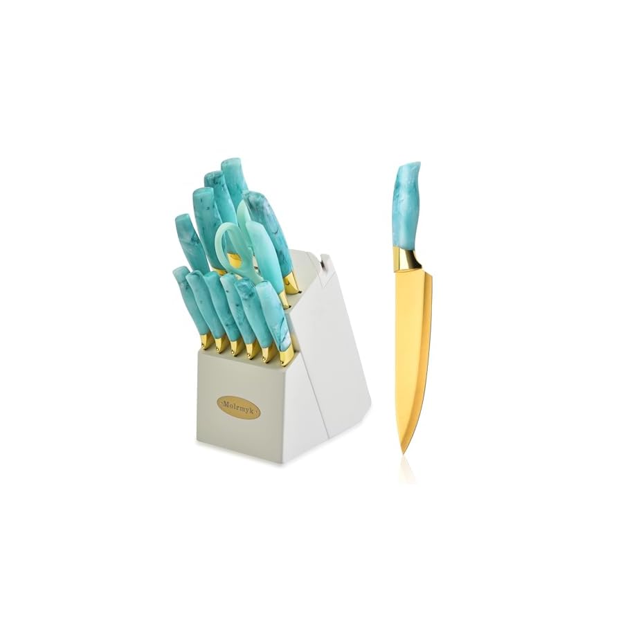 Knife-Set-Non-Stick-Thick-and-Sharp-Stainless-Steel-Kitchen-Knives-Set-with-Wood-Block-14-Pcs-Cutlery-Knives-Block-Set-with-Steak-Knife-Bread-Knife-Scissors-Chef-Quality-Green-Handle-Gold-Blade Knife Set, Non Stick Thick and Sharp Stainless Steel Kitchen Knives Set with Wood Block, 14 Pcs Cutlery Knives Block Set with Steak Knife, Bread Knife, Scissors, Chef Quality, Green Handle Gold Blade