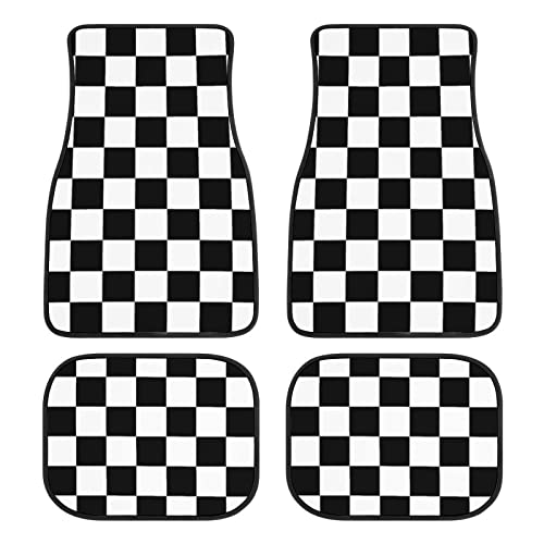Plaid Car Floor Mats Set of 4,Geometric Checkered Plaid Pattern Vehicle Front Rear Carpets Mats Black White Car Floor Rugs Non-Slip Auto Foot Mats Car Accessories Universal Fit for Car SUV Truck Van