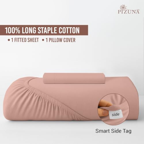 Image of Pizuna 100% Cotton Fitted Bedsheet Single Bed 400 Thread Count Long Staple Cotton Sateen Fitted Bedsheet 40x78 Inch with 1 Pillow Cover, Misty Rose Elastic Fitted Bedsheets Single Bed fits 12 Inch