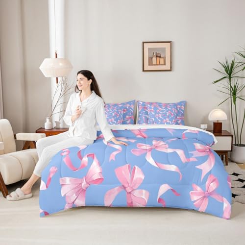 Image of Princess Bow Full Size Bed Sheets and Comforter Set | Kawaii Bow Tie 7 Piece Bedding Set Pink Bowknot Bed in a Bag, Dreamy Ribbon Bow-Tie Room Decor,Blue