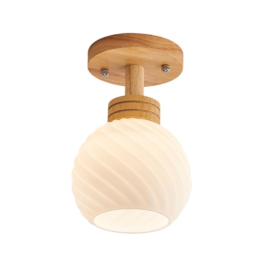 ITOSUI Wood Semi Flush Mount Ceiling Light, Glass Globe Ceiling Lamp, Nordic LED Fixture, White Swirl Glass Shade, Solid Wood Base E27 Warm Light for Hallway, Aisle, Staircase, Entryway