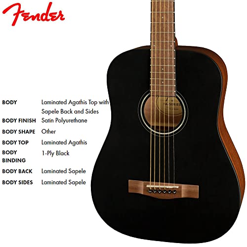 Fender Fa-15 3/4 Scale Steel String Acoustic Guitar, Black, With Gig Bag #TOP3