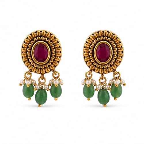 Image of Sayda JewelsGold Plated Antique Traditional Jhumka Earring Indian ethnic Temple design studs Chandbali Style Bridal, Wedding & Festive Jewellery For Women & Girls