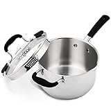 Rorence 3.7 Quart Saucepan with Glass Lid: Stainless Steel Sauce Pan with Two Sides Pour Spout & Riveted Silicone Handles & Build-in Strainer Tempered Glass Cover …