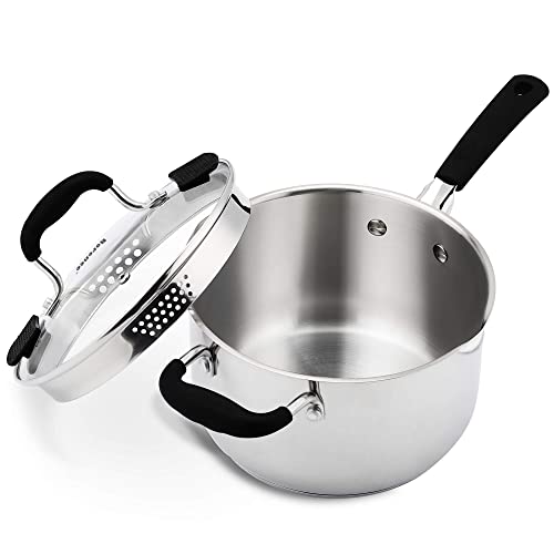Rorence 3.7 Quart Saucepan with Glass Lid: Stainless Steel Sauce Pan with Two Sides Pour Spout & Riveted Silicone Handles & Build-in Strainer Tempered Glass Cover …