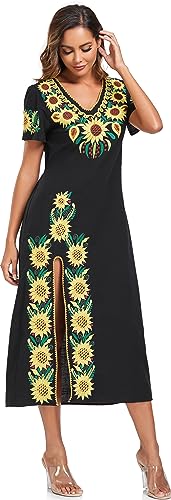 Image of YZXDORWJ Women Mexican Embroidered Dress V Neck Sexy Maxi Short Sleeve Casual Beach Split Dress
