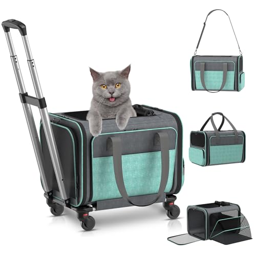 Cat Carrier with Wheels Airline Approved: Betopet Expandable Rolling Dog Carrier for Small Dog Under 25lbs - Cat Soft Carrier Pet Travel Bag TSA Approved Under Seat for Airplane Transport Flight