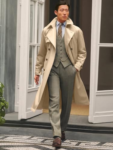 Image of Runcati Mens Trench Coat Double Breasted Notched Lapel Casual Belted Windbreaker Fall Classic Long Jacket Overcoat