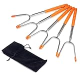 5 Stück Teleskop Grillgabel Edelstahl Grillspieße mit Griff Ausziehbar bis zu 115cm lang Marshmallow Spieße für Lagerfeuer, Camping & Barbecue Orange