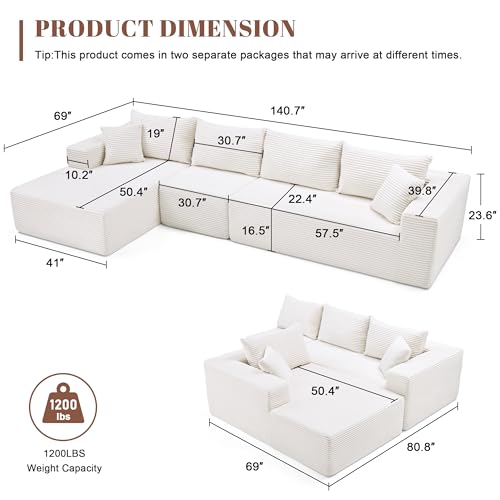 Image of Mangodan 140 inch Cloud Sectional Couch, Modular Sectional Sofa with Deep Seat, Boneless Sofa for Living Room, Fluffy Comfy L-Shaped Couch with Left Facing Chaise, No Assembly Required, Beige