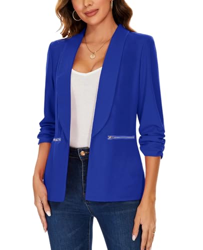 MINTLIMIT Womens Casual Blazer 3/4 Ruched Sleeve Open Front Cardigan Work Office Blazers Suit Jackets with Zipper Pockets3