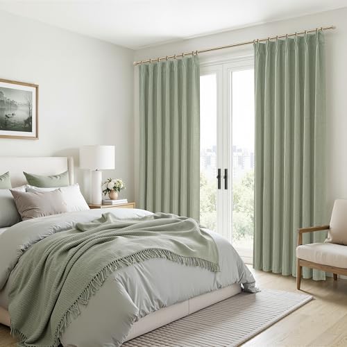 Image of Sage Green Blackout Linen Curtains 84 Inches Long for Living Room Bedroom, Pinch Pleated Boho Light Drapes Viral Window Curtain with Pinch Pleat Clips Thermal Insulated (40 inchWx84 inchLx2Panels Sage)