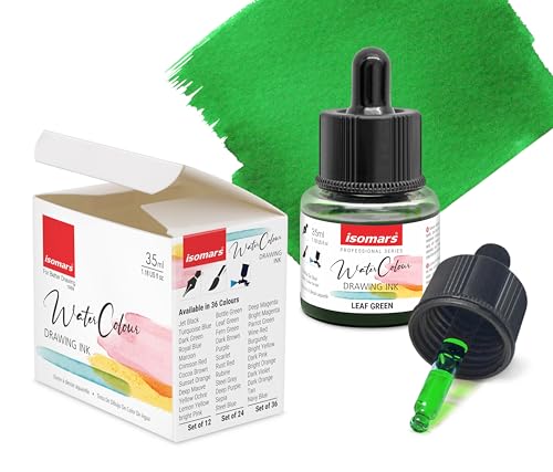 Image of Isomars Water Colour Ink Set of 12 Vibrant Professional Liquid Watercolors (35ml Bottles) with Droppers - Transparent Inks for Calligraphy, Illustration, Airbrushing & Painting