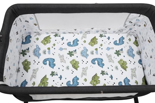 Image of Stretchy Fitted Crib Sheets Set 2 Pack Portable Crib Mattress Topper for Baby Girl Boy,Ultra Soft Jersey Material, Light Blue & Dinosaur
