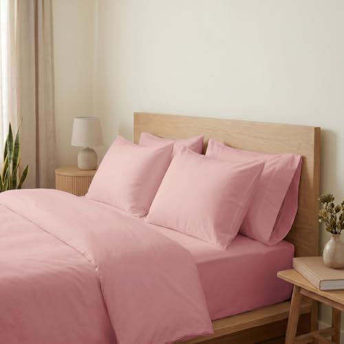 Image of Blue Dahlia 100% Cotton, King Size /Double, Elastic Fitted Bedsheet (72 inchx78 inch) + 2 Pillow Covers, Percale Weave, Fits Upto 10 inch Mattress, 200TC Solid Premium Bedsheet, Colour: Soft Pink