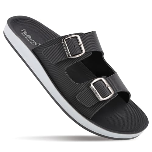 Image of WALKAROO Men's Double Buckle Slide Sandals with Adjustable Straps, Textured Linx Design, Soft Cushion Footbed, Lightweight PU Sole, Daily Wear Sandals- WE1333 Linx Black