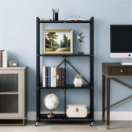 Image of 4 Tier Foldable Storage Shelf with Wheels, Collapsible Metal Rack Shelving Unit, No Assembly Required, Rolling Cart Shelf Rack Organizer for Books, Garage, Kitchen, Closet, Pantry, Exhibition, Black