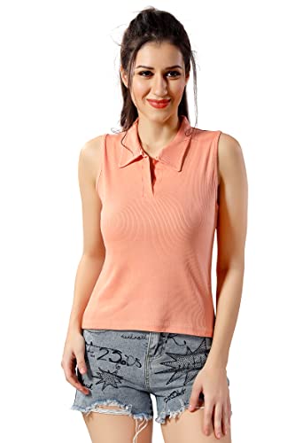 Image of TRASA Women's Sleeveless Rib Knitted Cotton Racer Back Tank Tops Collared Neck Crop Tank Tops - Available Sizes -XS, S, M,L,XL,2XL