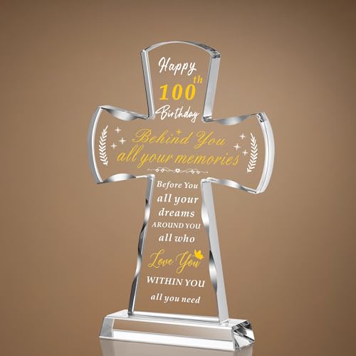 Ghtixsu 100th Birthday Religious Gifts for Women Men - Glass Stand Cross 100 and Fabulous Birthday...