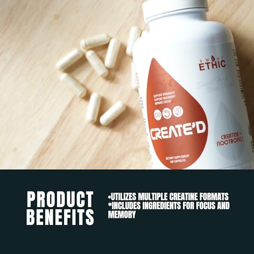 Image of Sweat Ethic Create'd Creatine and Adaptogens, Daily Support Formula with Creatine HCL, Alpha GPC, and AstraGin, Nootropic and Fitness Supplement for Focus and Performance for Men and Women, 180 Count