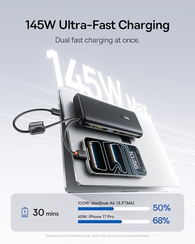 Image of Baseus 25000mAh Power Bank, CCC Certified 145W Laptop Portable Charger with Dual Built-in USB-C Cables, PD3.1 Fast Charging Battery Pack for MacBook Pro /Air,iPhone 17 /16 Series Galaxy S25 /S24
