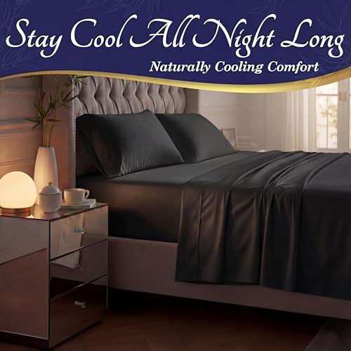 Image of DECOLURE 100% Viscose Derived from Bamboo Sheets King Size - Luxury 4 Pc Naturally Cooling Sheets, Ultra Soft Bed Set - Deep 17 inch Pockets, Durable Double Stitching, Oeko Tex Standard (Black)