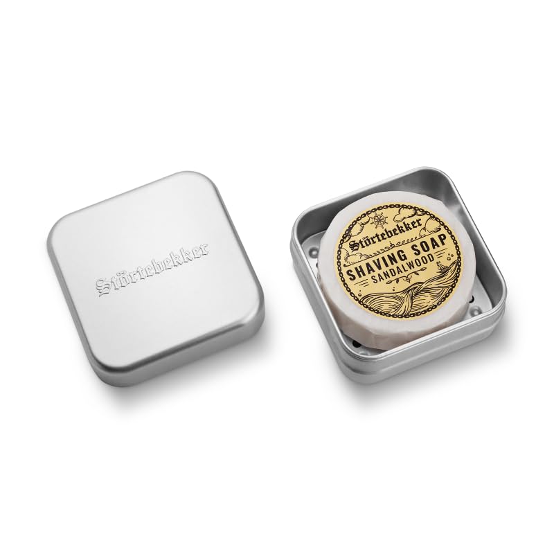 Störtebekker jabón de afeitar y juego de jabón - Juego de jabón de aluminio con jabón de afeitar en diferentes variantes - Jabón de afeitar vegano hecho a mano en fábrica de jabón (Sándalo)