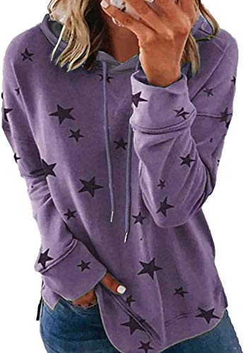 LAYAN-B Damen Pullover Hoodies Stern Print für Damen Leichtes Kapuzen-Sweatshirt Übergröße Langarm Tunika Top Gr. 54, violett Cover