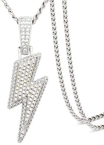 TUHE 18K Gold Plated AAA CZ Iced Out Lightning Bolt Pendant Necklace for Men Women Simulate Diamond Accents Bling Bling Hip Hop Charm Necklace with Stainless Steel Cuban Chain in Platinum Plated
