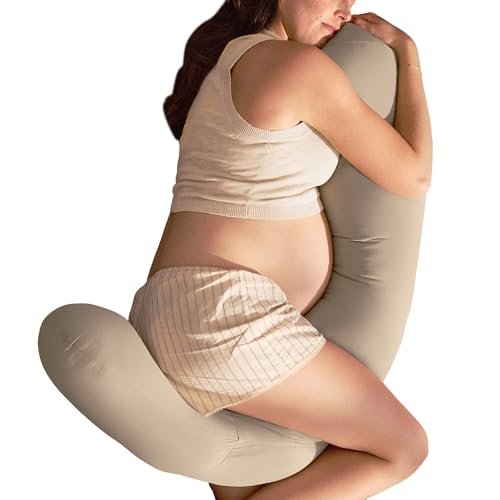 Frida Mom Compact Support 4-in-1 Pregnancy Pillow Cooling Pregnancy Pillow Twist & Bends into 4 Shapes for Comfort & Full Body Support Compact Storage Easy to Clean Breathable Storage Bag Taupe
