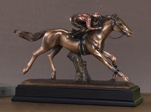 Marian Imports F54037 Jockey On Horse Bronze Plated Resin Sculpture - 16 x 5 x 12 in.