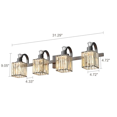 Image of GarveeTech Bathroom Vanity Light Fixtures Modern Crystal Vanity Light Fixtures Over Mirror, 4 Light Modern Crystal Wall Lighting with Square Shade(Black)