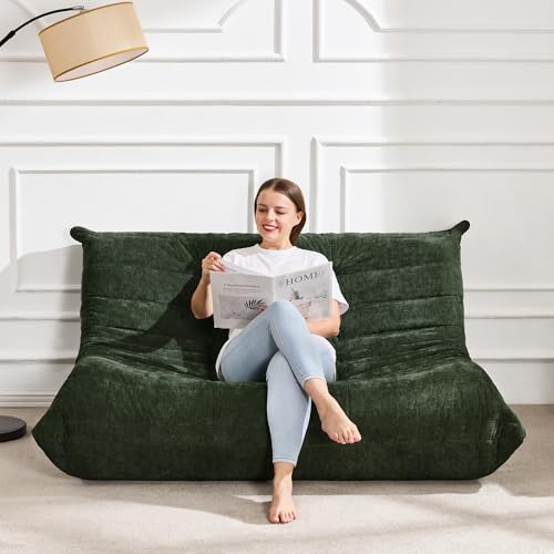 Image of Hobestluk Large Bean Bag Chair Faux Fur BeanBag Couch for Living Room | Green Chenille, Loveseat,Ergonomic Design,Memory Foam,Anti-slip Bottom,No Assembly Required,Decorative Style for Living Room