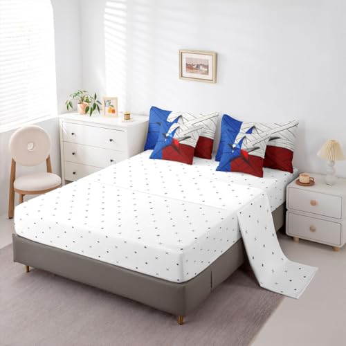 Image of Erosebridal Western Texas Star Queen Comforter Set with Sheets | Red Blue American Flag 7-Piece Bedding Set Grunge Stars and Stripes Rustic Bed in a Bag, Retro Vintage Wood Plank Cowboys Bed Sets