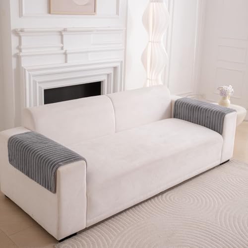 Image of HOMETHREADS 600GSM Thick & Soft Rabbit Fur Plush Sofa Cover-Luxurious Cozy Slipcover, Washable & Pet-Friendly, Anti-Scratch Protector for Sofas (Faux Linning Grey, 2Pc Armrest | 70x50cm)
