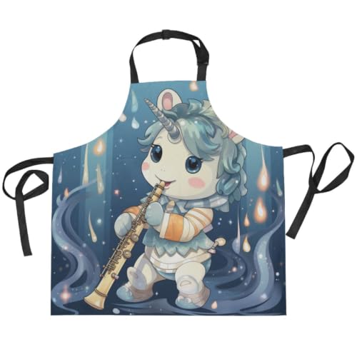 Tablier licorne bleue avec flûte pour cuisine en famille et atelier peinture enfant