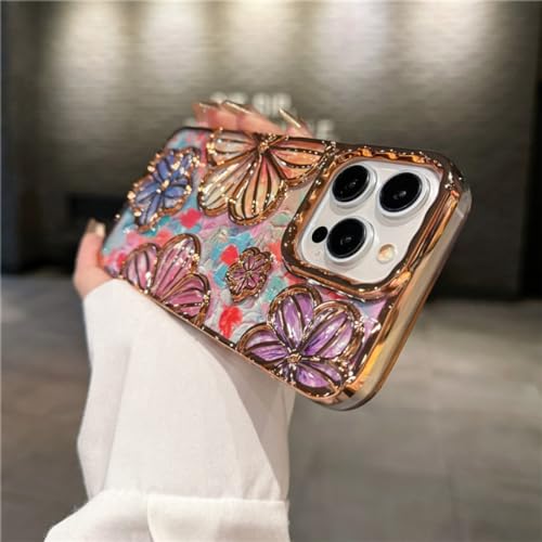 Coque iPhone 14 antichoc fleurie avec protection pare-chocs souple et design or