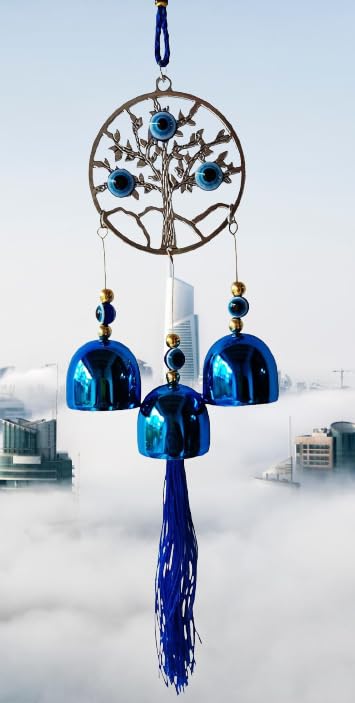 Image of Nazar Battu for Home Entrance Evil Eye Hanging for Home Lucky Big 3 Bells with Circle Tree Showpieces for Good Luck and Prosperity At Office and Home, Blue