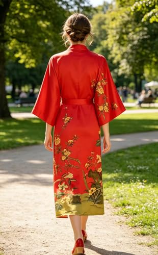 Image of Women's Classic 100% Silk Kimono Robe, Bathrobe-Printed Pattern