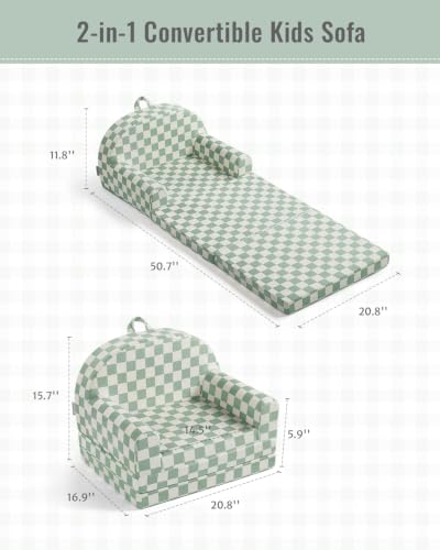 Image of Blissful Diary Kids Couch, 2-in-1 Comfy Kids Chair for Reading, Playroom, Kids Couch Sofa for Girls Boys Birthday Gift, Sage Checkered