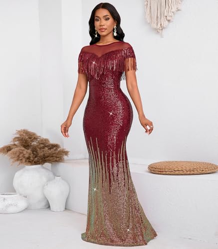 Image of Cololura Sexy Sequin Tassel Mesh Perspective Party Cocktail Bodycon Evening Club Maxi Dress
