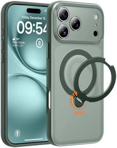 TOCOL für iPhone 17 Pro Hülle mit Ständer, 360° Drehbarem, Alpengrün | Kompatibel mit MagSafe, Vollständiger Kameraschutz Handyhülle, Militärschutz Stoßfest Kratzfest Haltbarkeit C