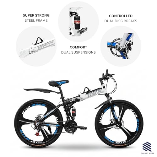 Image of QUESEC BWM Folding Gear Cycle for Adults 26 Inch 21 Speed Mountain Bike with Dual Suspension, Dual Disc Brake, Alloy Wheels, Foldable Bicycle for Boys Girls Daily Commute Fitness Ride - Black