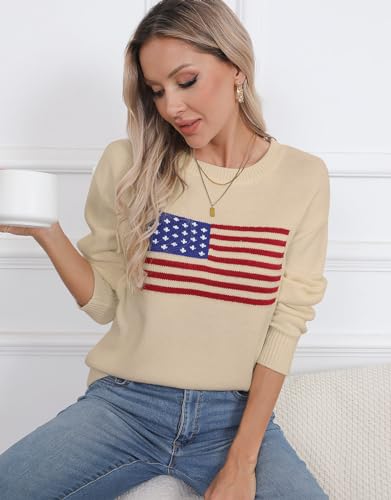 Image of Alsol Lamesa Women's American Flag Graphic Long Sleeve Pullover Sweaters Crew Neck Casual Knit Top 2024, Large, 971 Apricot
