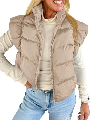 Tankaneo Womens Cropped Puffer Vest Cap Sleeve Zip Up Puffy Qulited Jacket Stand Collar Padded Gilet Coat Winter Outerwear