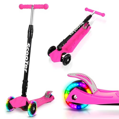 Hebitod Patinete para niños a partir de 3 años con ruedas LED, patinete plegable para niños de 3 a 16 años, altura regulable en 4 posiciones, 66 – 88 cm, ruedas de poliuretano, dirección de