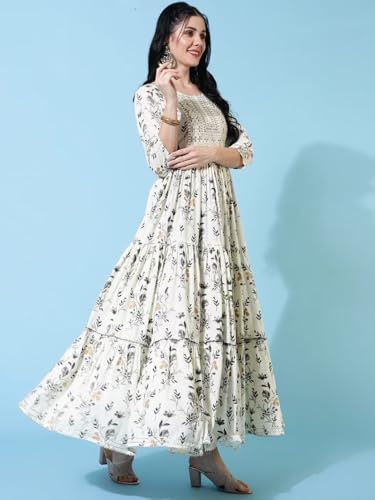 Image of Women Rayon Regular Fit Floral Printed Mirror Work Tiered Anarkali Kurta
