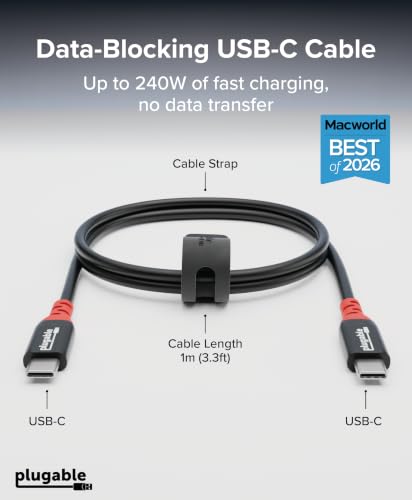 Image of Plugable USB C to USB C Cable, Data Blocker Charge Only Cable (1m /3.3ft): 240W Safe Fast Charging for MacBook, iPhone 15 /16, Galaxy S24, Steam Deck, and More USBC Devices (USBC-CC1M)