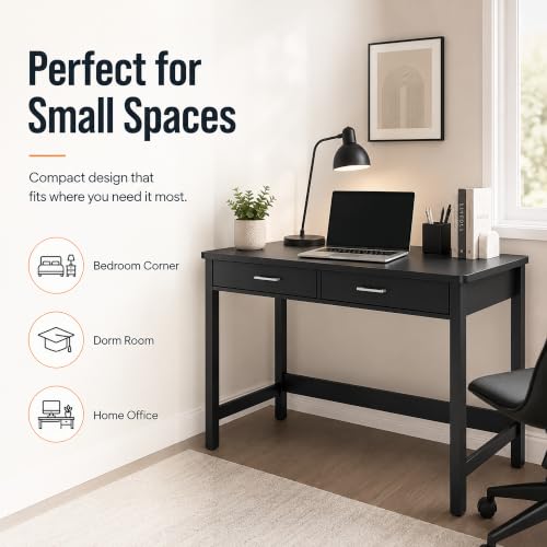 Image of 4NM 39.4 inch Small Desk with Wood Drawers, Home Office Computer Desk with Wooden Legs, Study Writing Table Vanity Desk for Small Spaces - Black