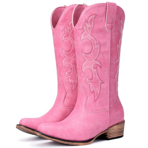 Choiran Pink Cowboy Boots for Women - Embroidered Cowgirl Carter Outfits Boots Western Mid Calf Fashion Chunky Heel Pointed Toe Country Boot 8